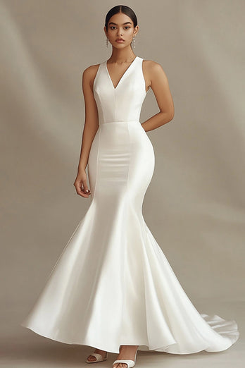 Ivory V-Neck Mermaid Satin Rehearsal Dinner Dress with Sweep Train