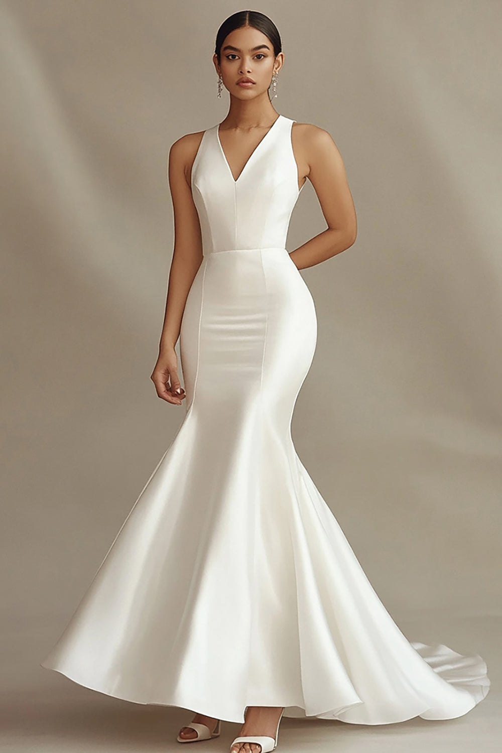 Ivory V-Neck Mermaid Satin Rehearsal Dinner Dress with Sweep Train