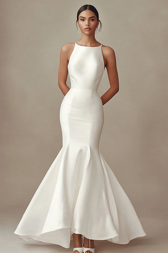 Ivory Boat Neck Mermaid Maxi Satin Rehearsal Dinner Dress