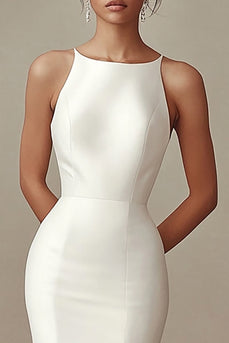 Ivory Boat Neck Mermaid Maxi Satin Rehearsal Dinner Dress