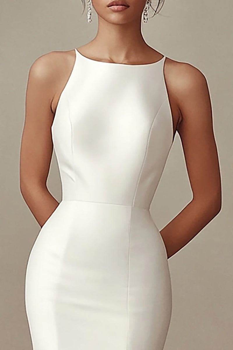Load image into Gallery viewer, Ivory Boat Neck Mermaid Maxi Satin Rehearsal Dinner Dress