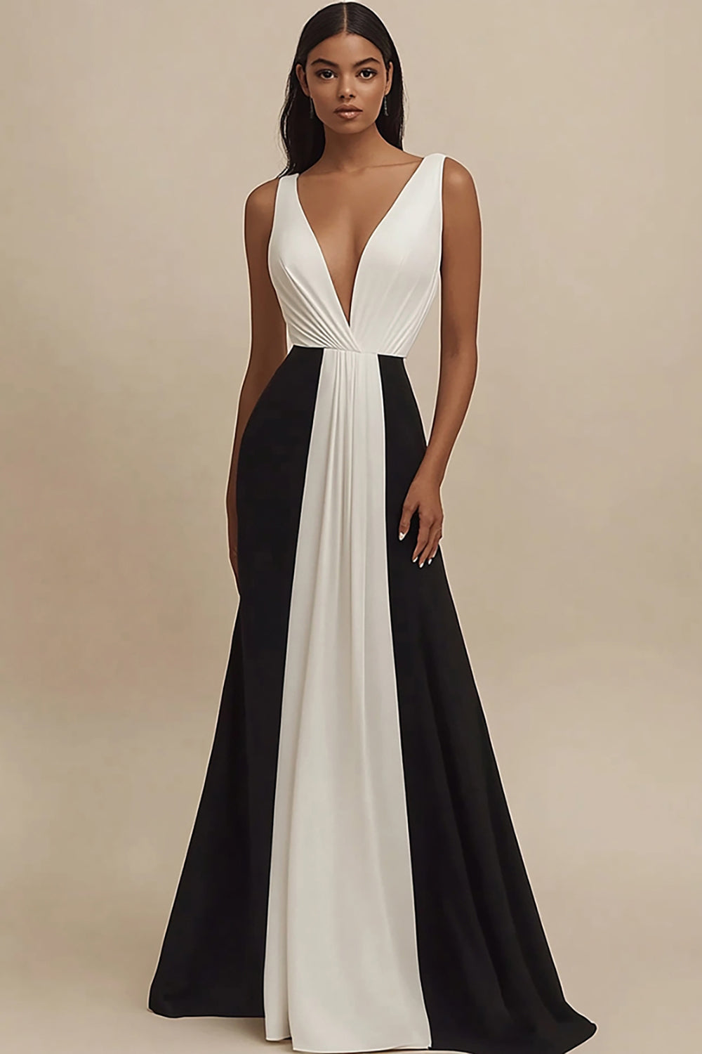 Deep V-Neck Black and White Sheath Long Formal Dress