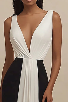 Deep V-Neck Black and White Sheath Long Formal Dress