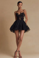 Load image into Gallery viewer, Black Tulle A Line Spaghetti Straps Mini Cocktail Dress
