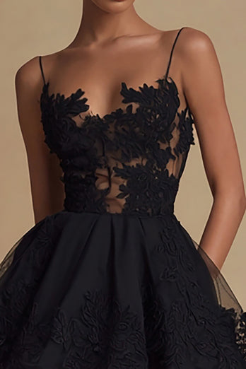 Black Tulle A Line Spaghetti Straps Mini Cocktail Dress