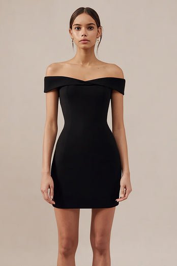 Simple Black Bodycon Off the Shoulder Mini Cocktail Dress
