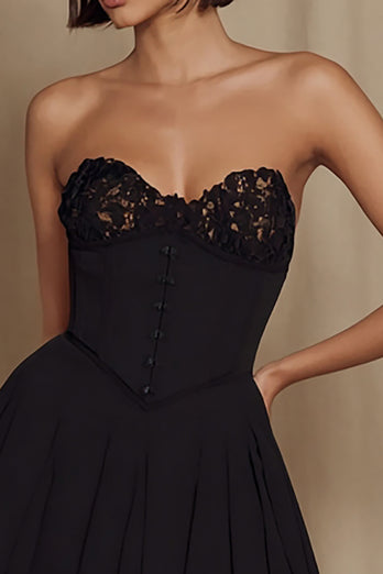 Black A Line Strapless Mini Cocktail Dress with Lace