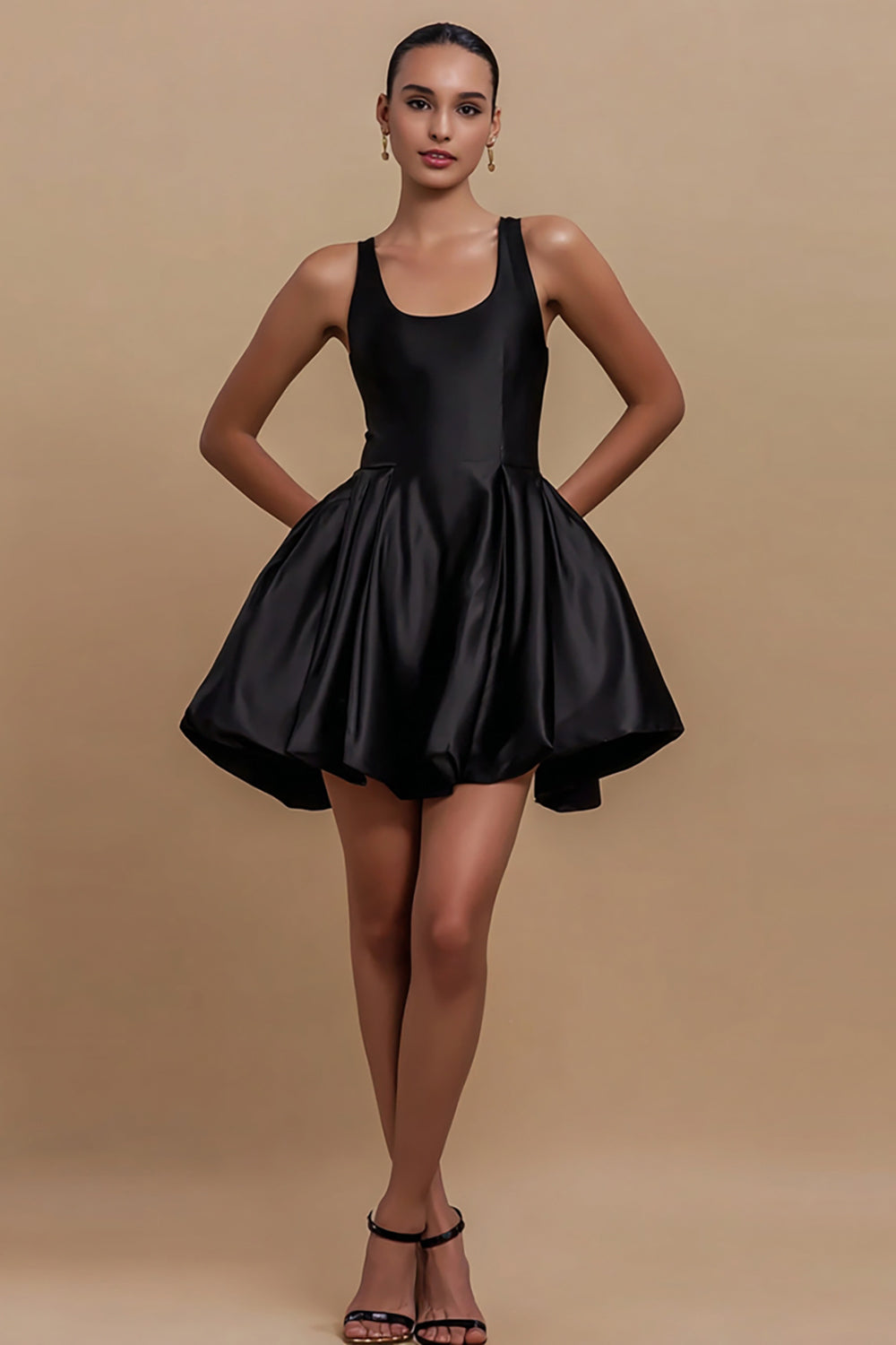 Simple Black Satin A Line Scoop Short Cocktail Dress
