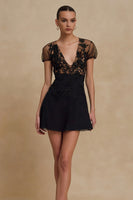 Load image into Gallery viewer, Black Tulle A Line V-Neck Short Cocktail Dress with Lace