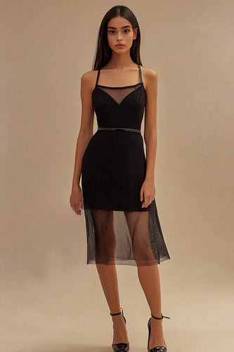 Black Tight Spaghetti Straps Midi Cocktail Dress
