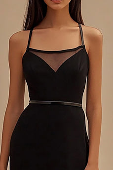 Black Tight Spaghetti Straps Midi Cocktail Dress