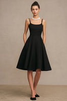 Load image into Gallery viewer, Simple Satin Midi Cocktail Dress A Line Spaghetti Straps Little Black Dress