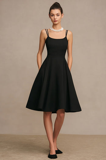 Simple Satin Midi Cocktail Dress A Line Spaghetti Straps Little Black Dress