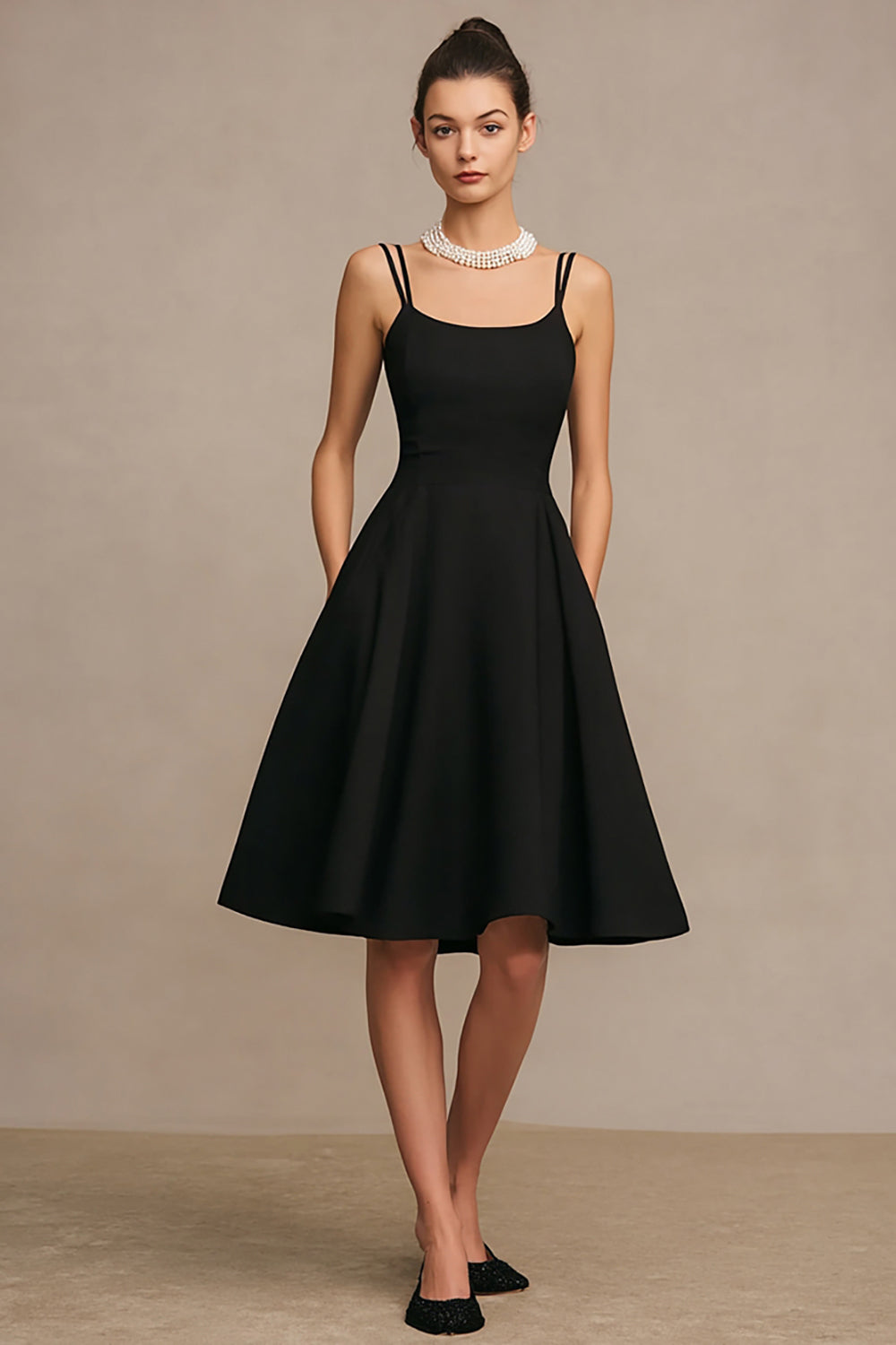 Simple Satin Midi Cocktail Dress A Line Spaghetti Straps Little Black Dress