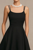Load image into Gallery viewer, Simple Black A Line Satin Spaghetti Straps Midi Cocktail Dress
