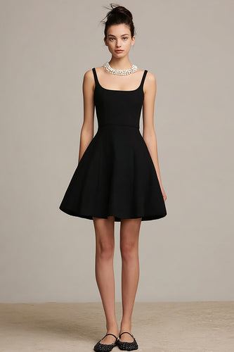 Simple Black A Line Satin Spaghetti Straps Mini Cocktail Dress