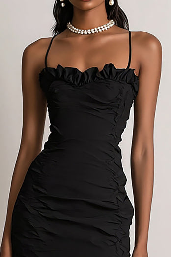 Black Bodycon Spaghetti Straps Mini Cocktail Dress with Ruffles