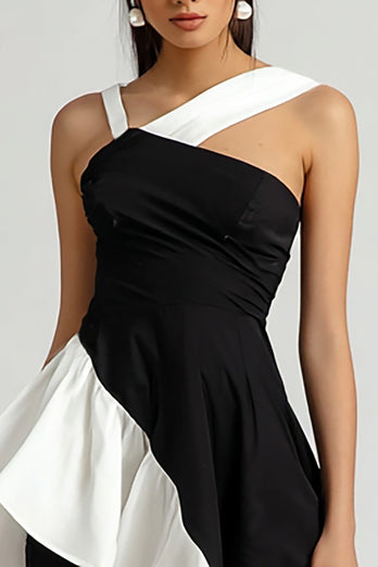 Black and White Tight Asymmetrical Cocktail Dress with Ruffles