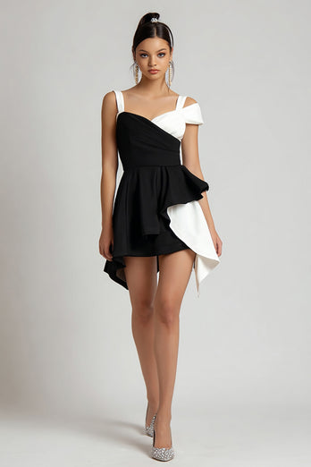 Black and White A Line Asymmetrical Cocktail Dress with Ruffles