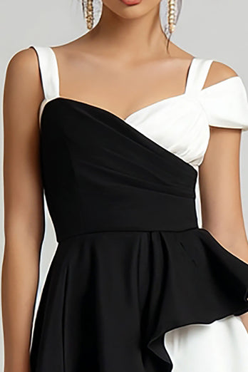 Black and White A Line Asymmetrical Cocktail Dress with Ruffles
