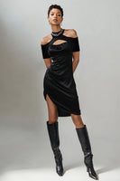 Load image into Gallery viewer, Black Satin Cold Shoulder Keyhole Asymmetrical Cocktail Dress