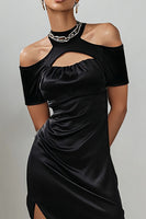 Load image into Gallery viewer, Black Satin Cold Shoulder Keyhole Asymmetrical Cocktail Dress