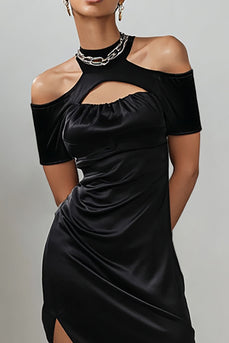 Black Satin Cold Shoulder Keyhole Asymmetrical Cocktail Dress