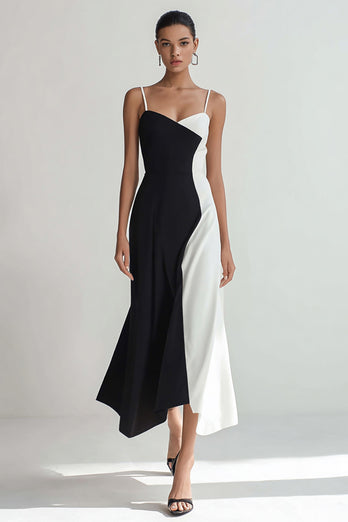 Black and White Patchwork Spaghetti Straps Long Formal Dress
