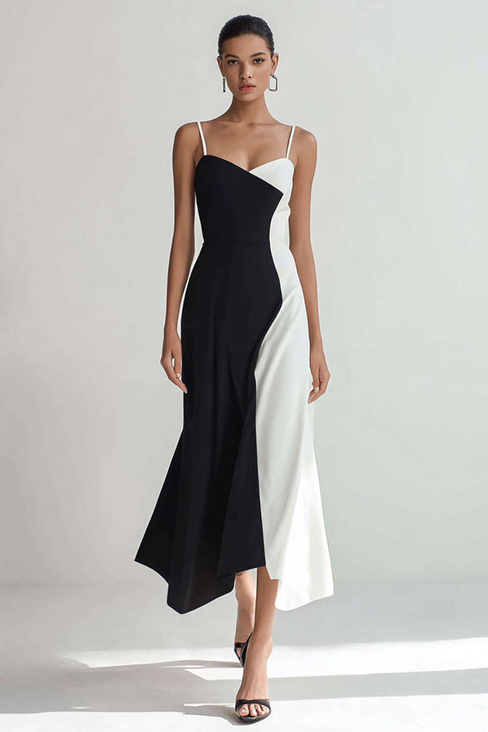 Black and White Patchwork Spaghetti Straps Long Formal Dress