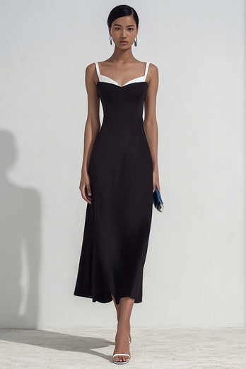 Simple Black and White Spaghetti Straps Sheath Maxi Formal Dress