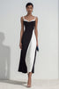 Load image into Gallery viewer, Black and White Sheath Patchwork Spaghetti Straps Maxi Formal Dress