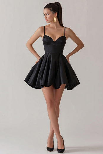 Black Satin A Line Spaghetti Straps Short Cocktail Dress