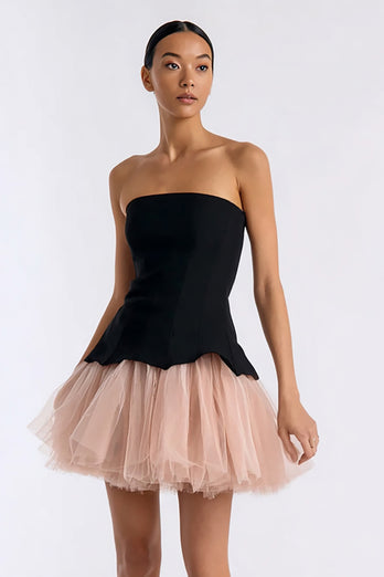 Simple Black and Pink A Line Tulle Strapless Short Cocktail Dress