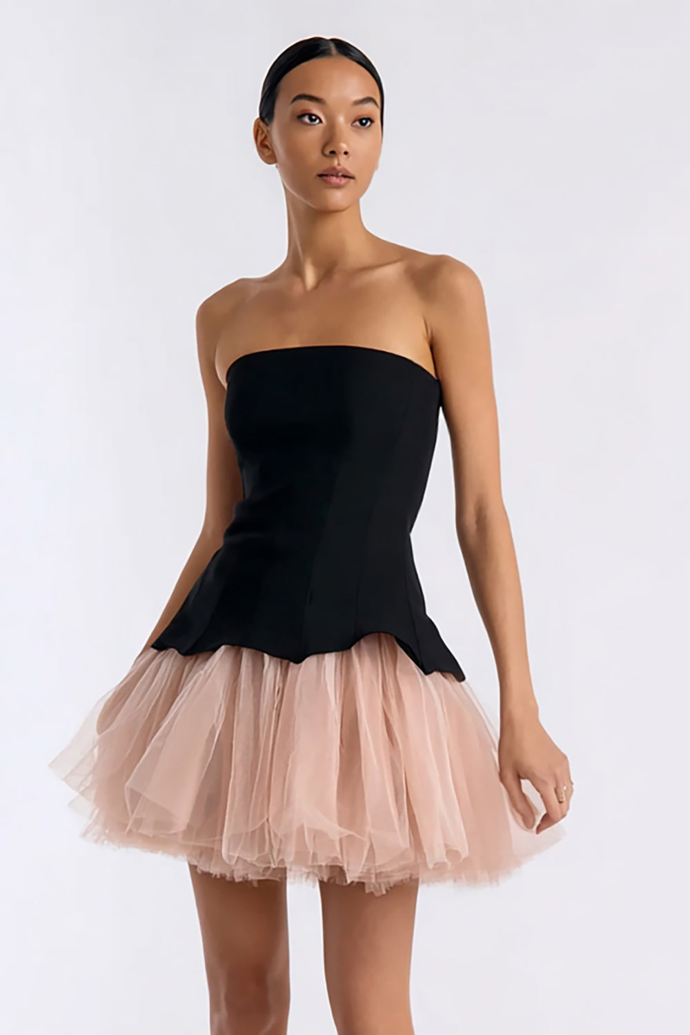 Simple Black and Pink A Line Tulle Strapless Short Cocktail Dress