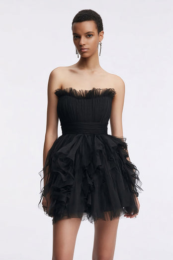 Tulle Strapless Tight Little Black Dress with Ruffles
