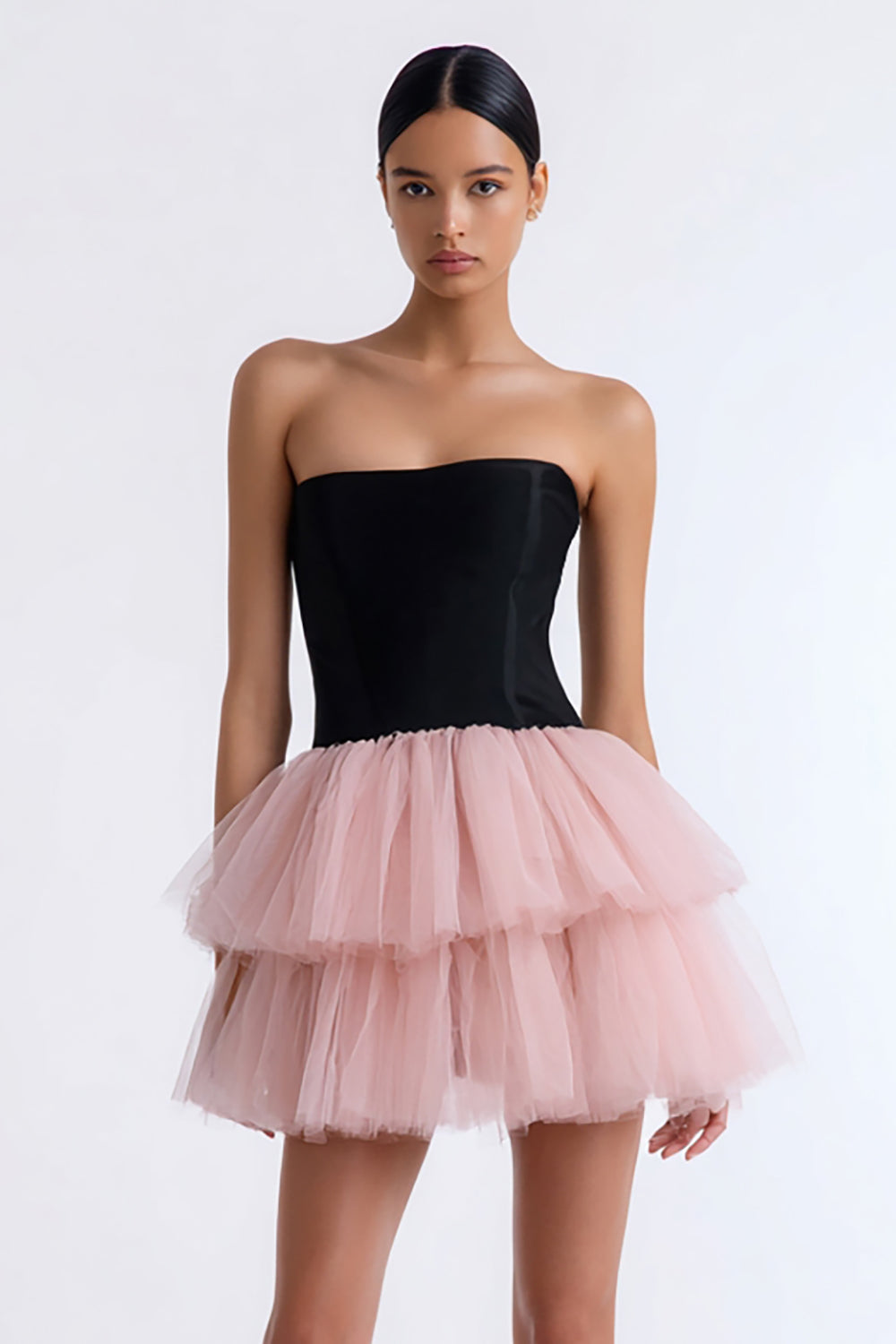 Black and Pink Strapless A Line Tiered Tulle Short Cocktail Dress