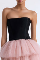 Load image into Gallery viewer, Black and Pink Strapless A Line Tiered Tulle Short Cocktail Dress