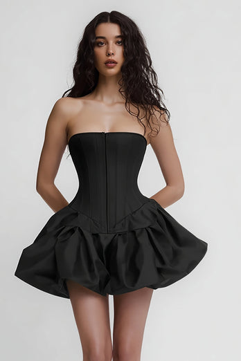 Simple Satin Strapless Corset A Line Little Black Dress
