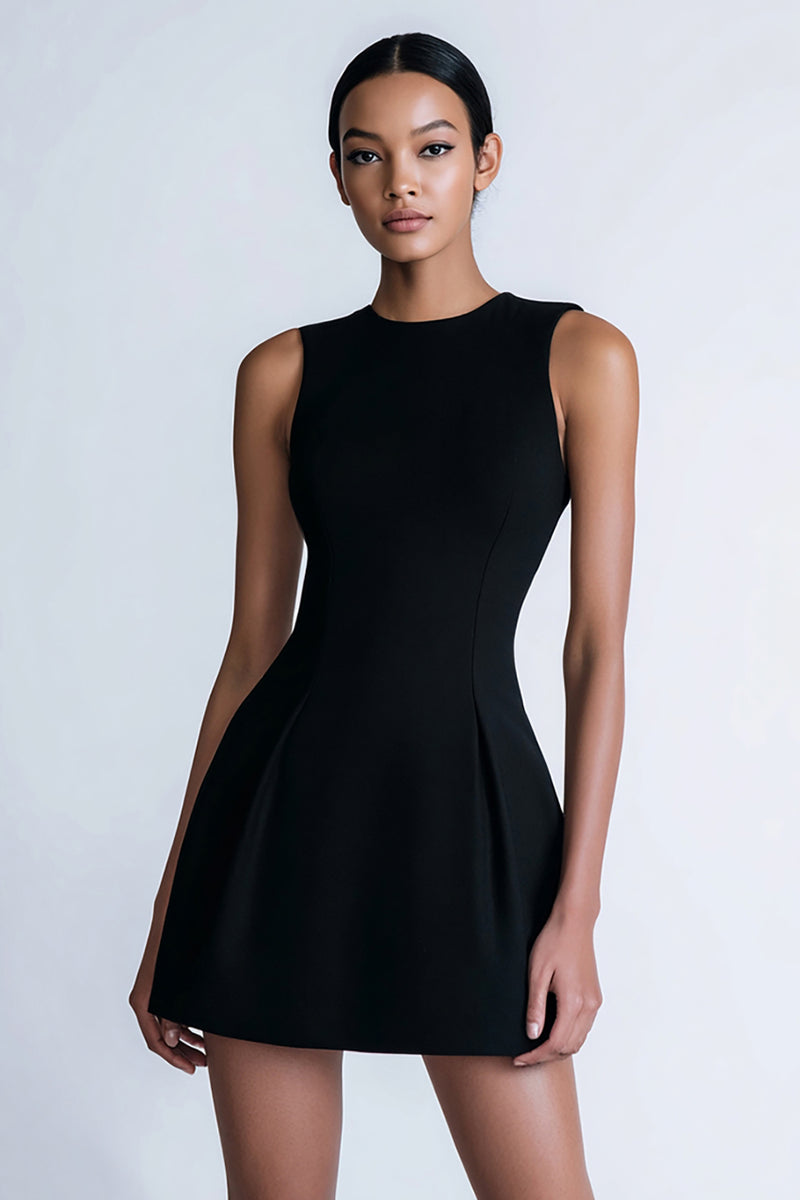 Load image into Gallery viewer, Simple A Line Satin Crew Neck Little Black Dress