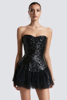 Load image into Gallery viewer, Sparkly Sweetheart Sequins A Line Little Black Dress with Tulle