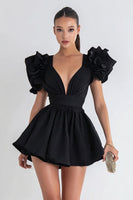 Load image into Gallery viewer, Black V Neck A Line Short Cocktail Dress with Ruffles