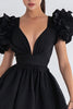 Load image into Gallery viewer, Black V Neck A Line Short Cocktail Dress with Ruffles