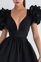 Load image into Gallery viewer, Black V Neck A Line Short Cocktail Dress with Ruffles