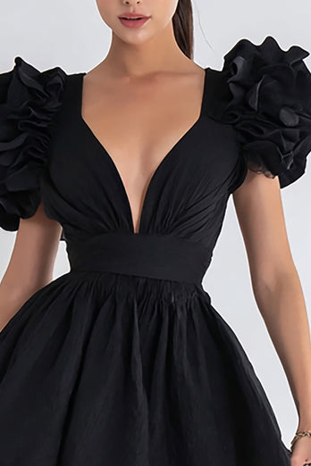 Black V Neck A Line Short Cocktail Dress with Ruffles