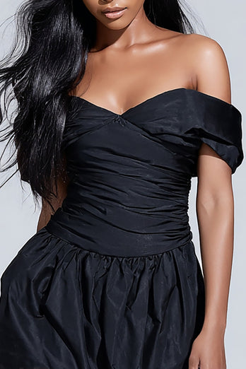 Black Ruched Off the Shoulder Short Cocktail Dress