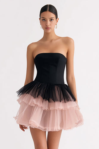 Black and Pink Tiered Tulle A Line Strapless Short Cocktail Dress