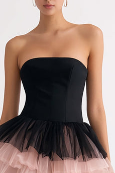 Black and Pink Tiered Tulle A Line Strapless Short Cocktail Dress