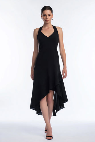 Simple A Line High-Low Black Tie Dress