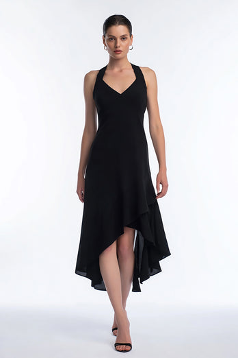 Simple A Line High-Low Black Tie Dress