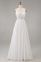 Load image into Gallery viewer, White A Line Tulle Spaghetti Straps Maxi Rehearsal Dinner Dress with Lace